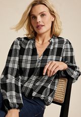 Plaid Bubble Hem Long Sleeve Blouse, C1756, small
