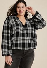 Plus Size Plaid Bubble Hem Long Sleeve Blouse, BLACK COMBO, small