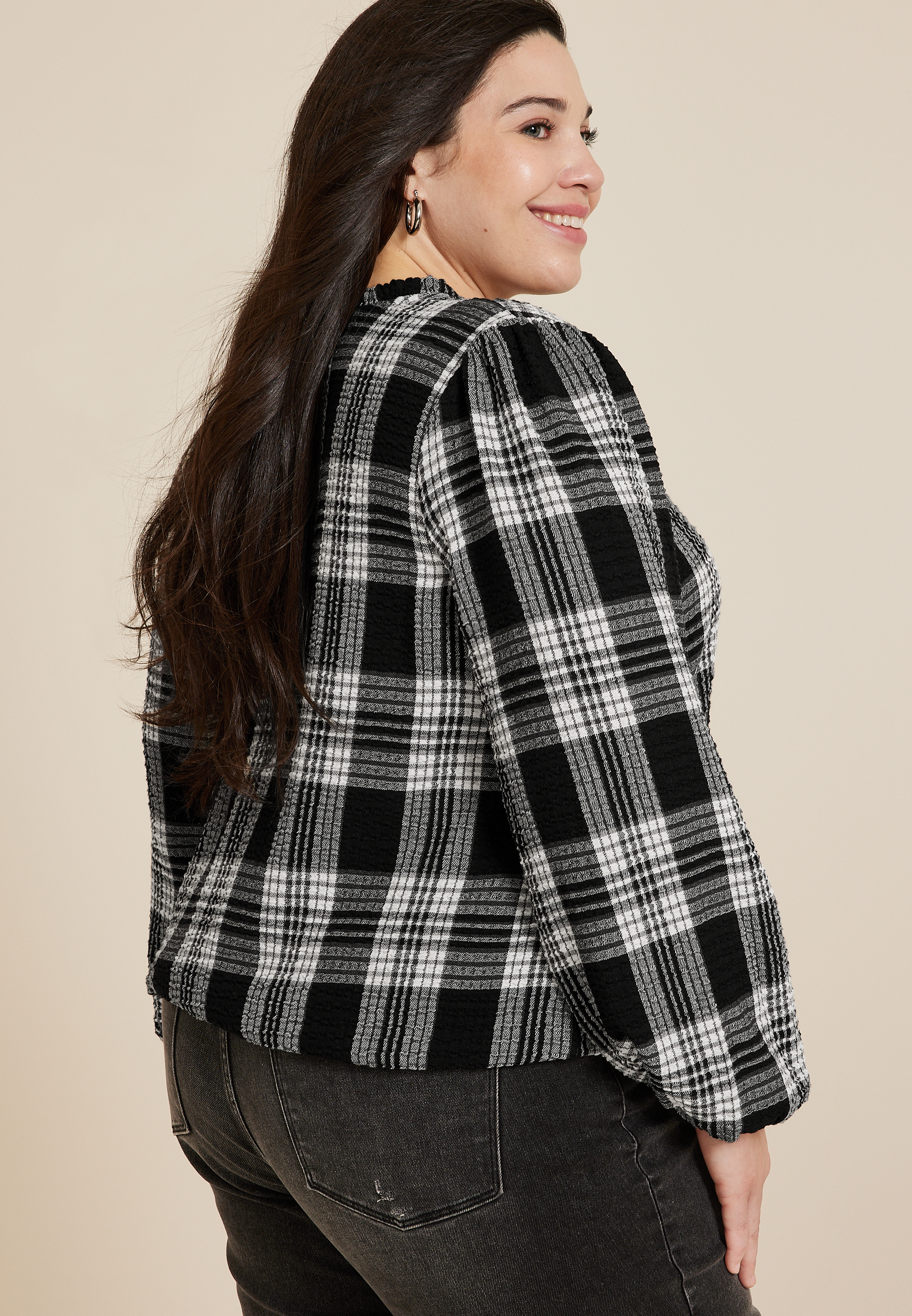 Plus Size Plaid Bubble Hem Long Sleeve Blouse, BLACK COMBO, large