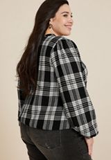 Plus Size Plaid Bubble Hem Long Sleeve Blouse, BLACK COMBO, small