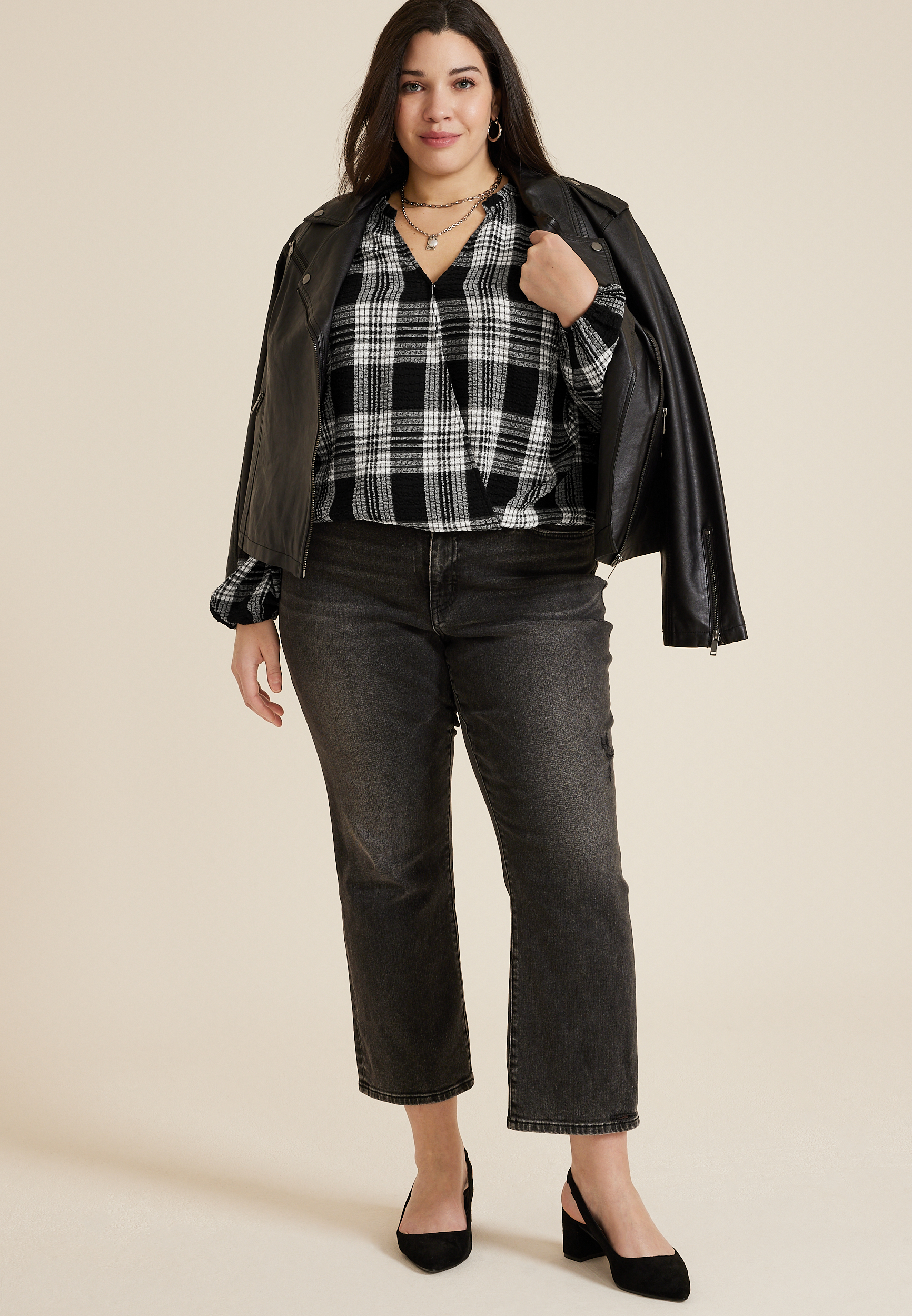 Plus Size Plaid Bubble Hem Long Sleeve Blouse, BLACK COMBO, large