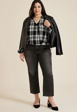 Plus Size Plaid Bubble Hem Long Sleeve Blouse, BLACK COMBO, small