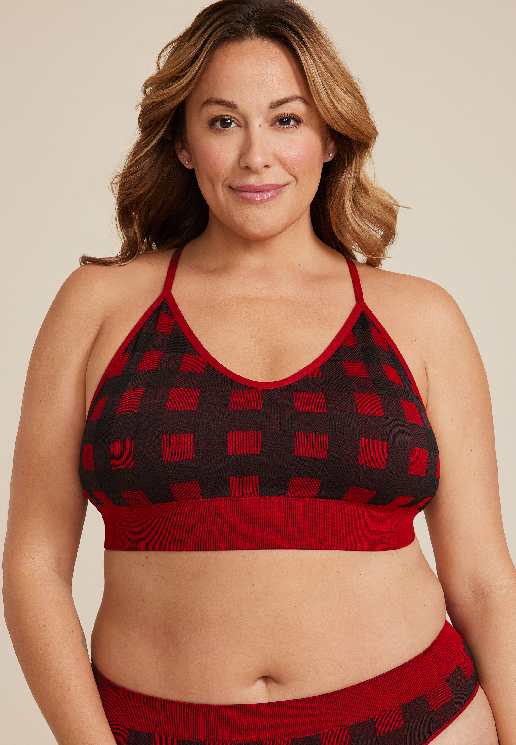 True Stretch Seamless Buffalo Plaid Bralette, REBEL RED COMBO, large
