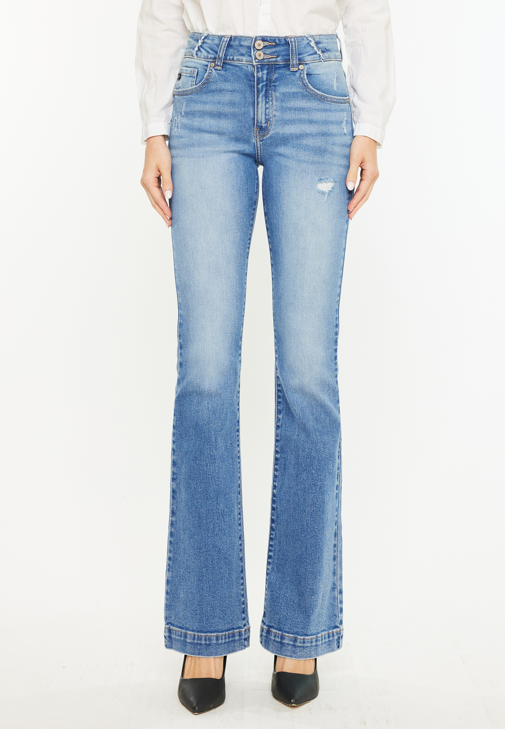 KanCan™ High Rise Double Button Wide Hem Flare Jean