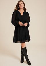 Notch Neck Long Sleeve Skater Dress, C106, small