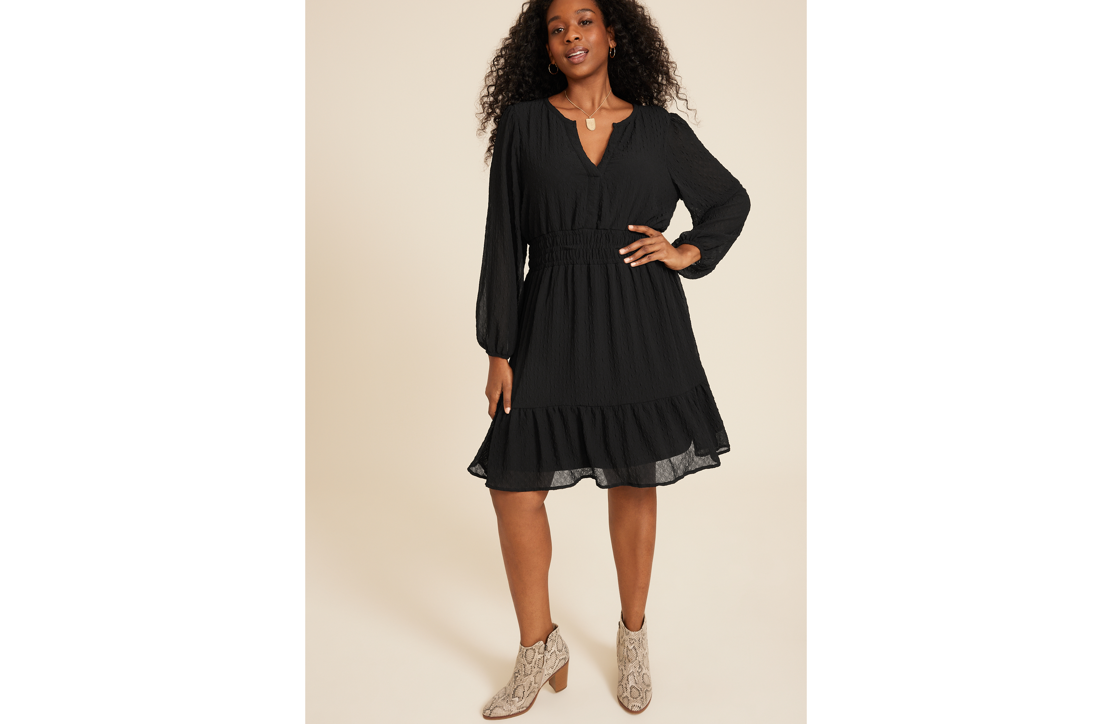 Plus Notch Neck Long Sleeve Skater Dress