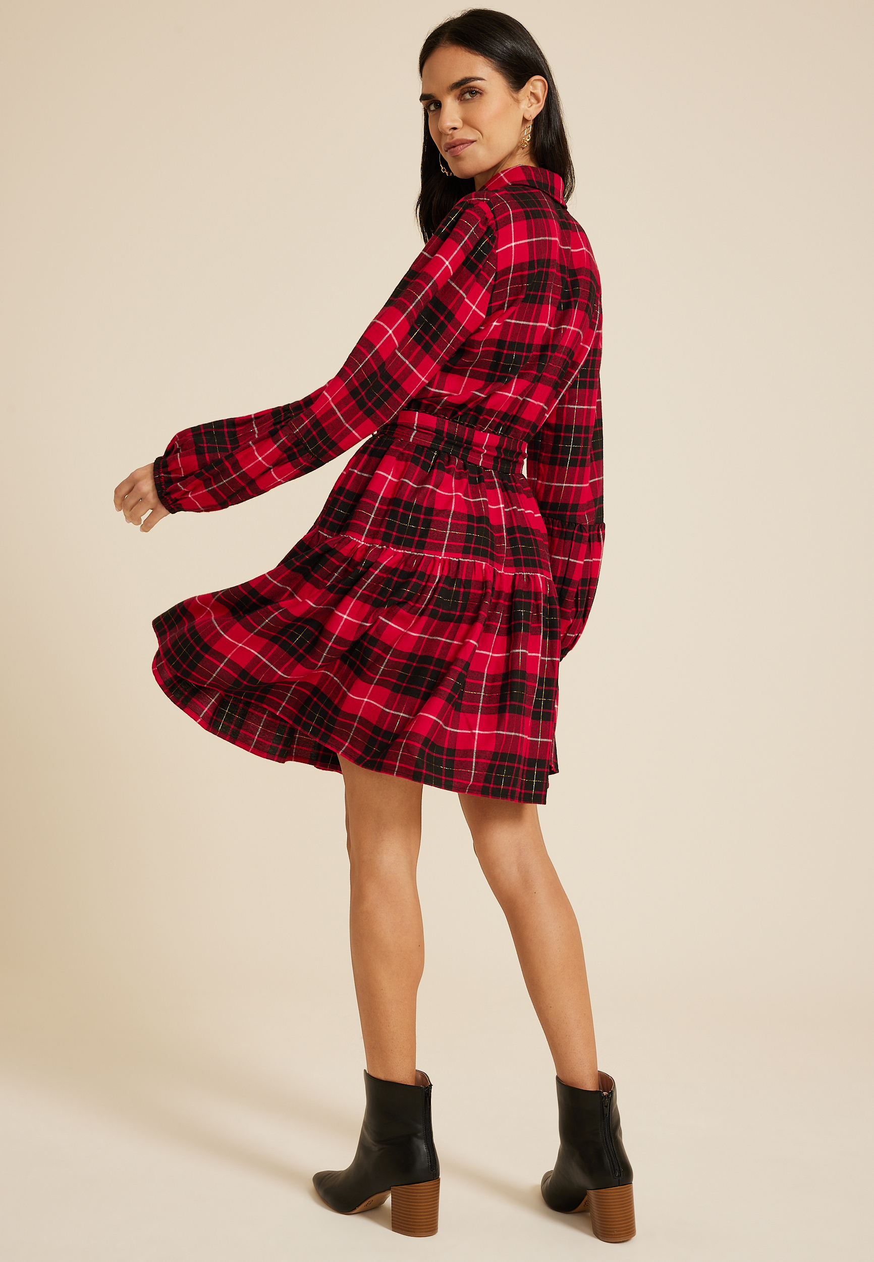Metallic Plaid Babydoll Dress, REBEL RED COMBO, large