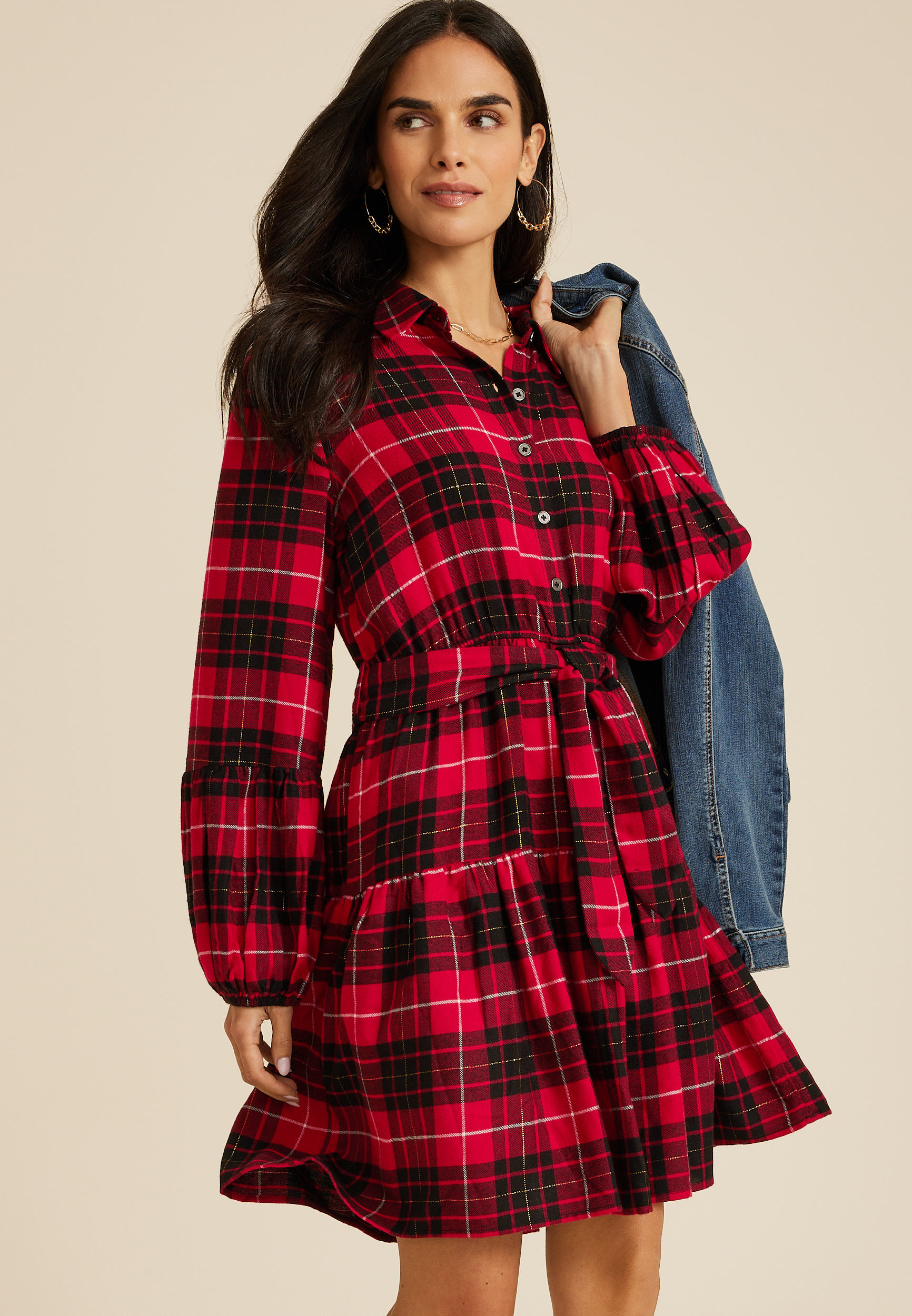 Metallic Plaid Babydoll Dress, REBEL RED COMBO, large