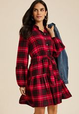 Metallic Plaid Babydoll Dress, REBEL RED COMBO, small