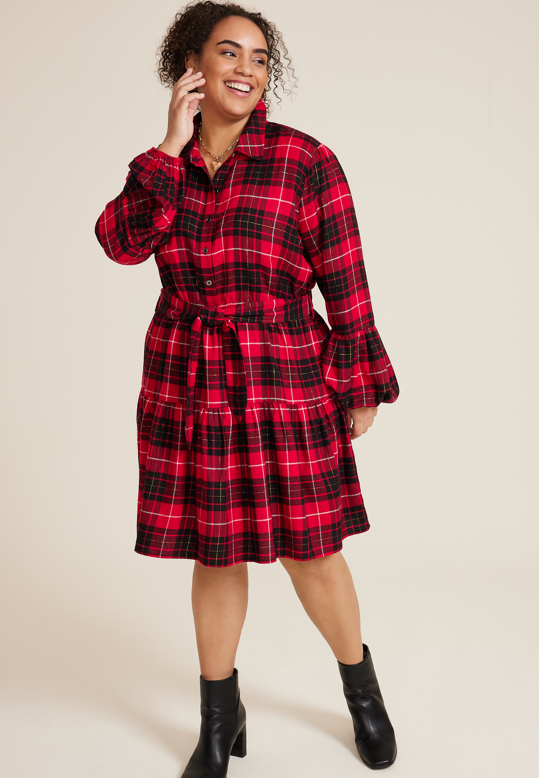 Plus Size Metallic Plaid Babydoll Dress maurices