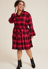 Plus Size Metallic Plaid Babydoll Dress, REBEL RED COMBO, small