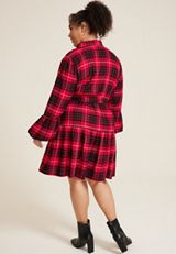 Plus Size Metallic Plaid Babydoll Dress, REBEL RED COMBO, small