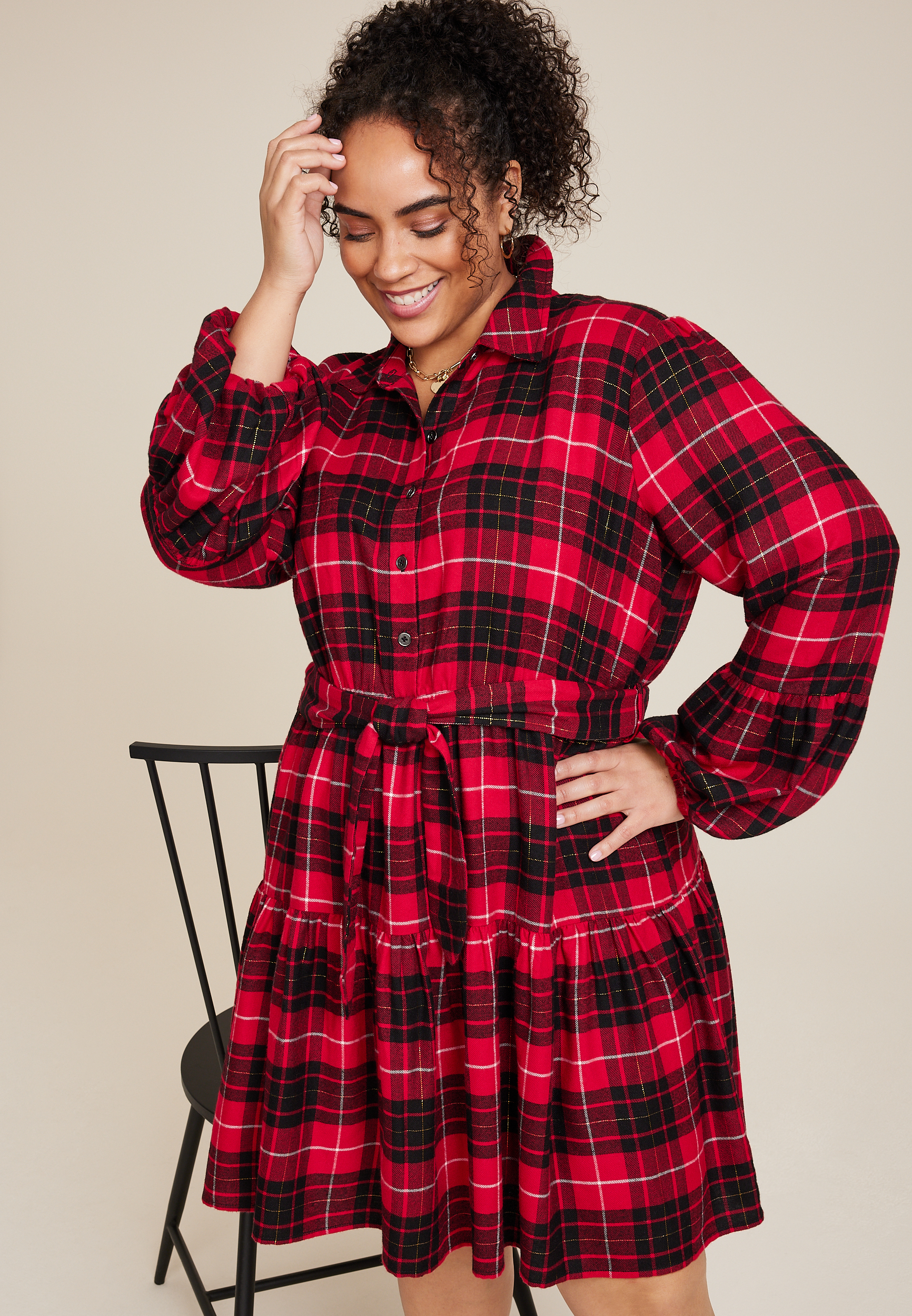 Plus Size Metallic Plaid Babydoll Dress, REBEL RED COMBO, large