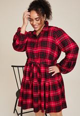 Plus Size Metallic Plaid Babydoll Dress, REBEL RED COMBO, small