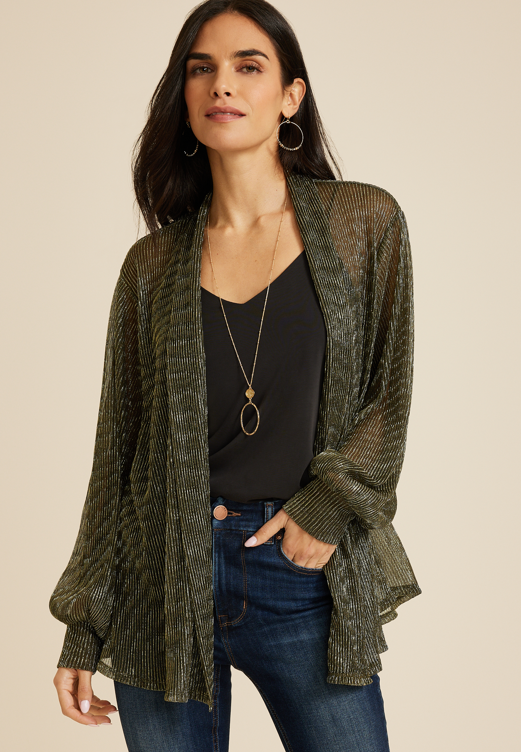 Metallic Plisse Blouson Sleeve Cardigan | maurices