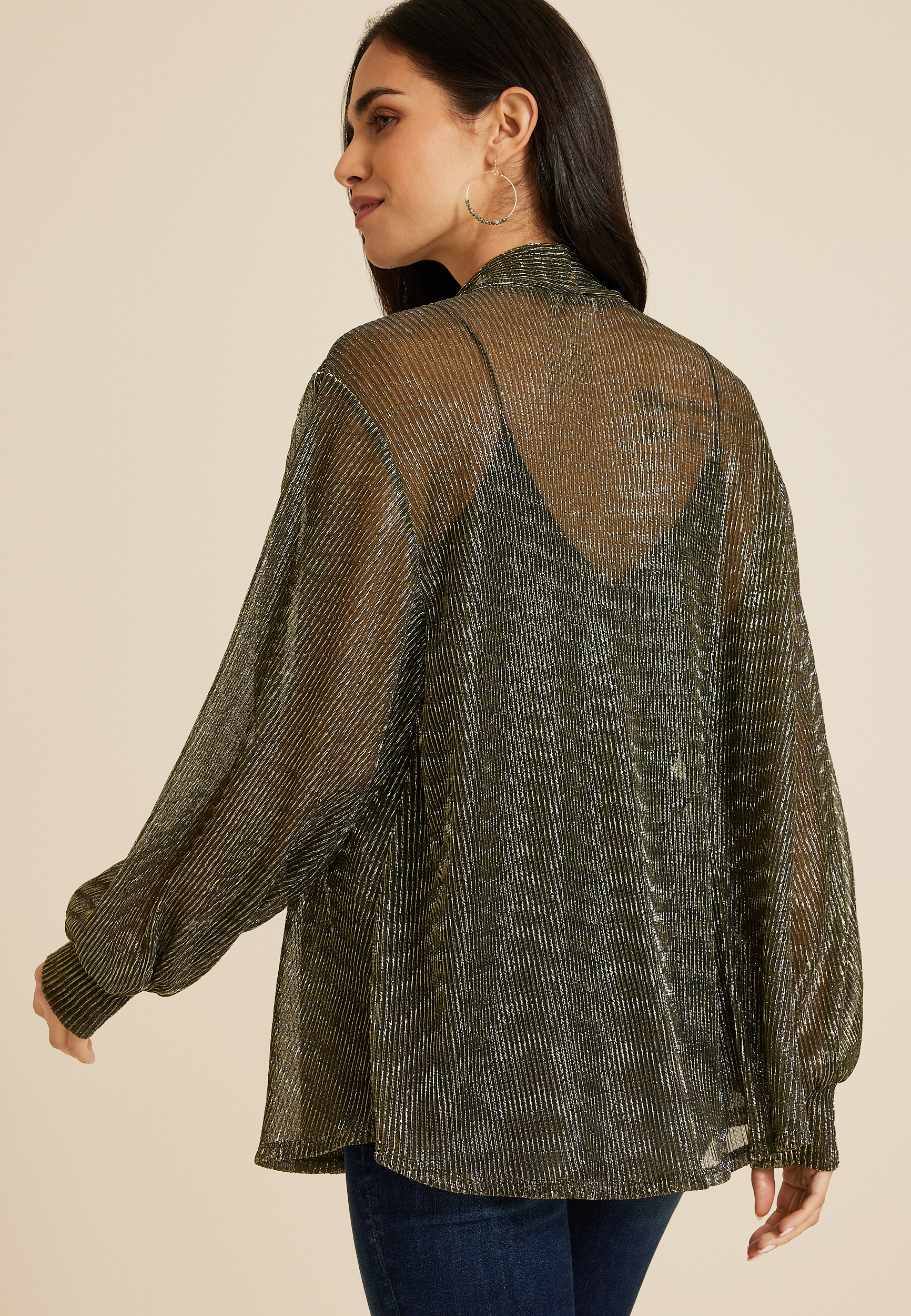 Metallic Plisse Blouson Sleeve Cardigan, C2020, large