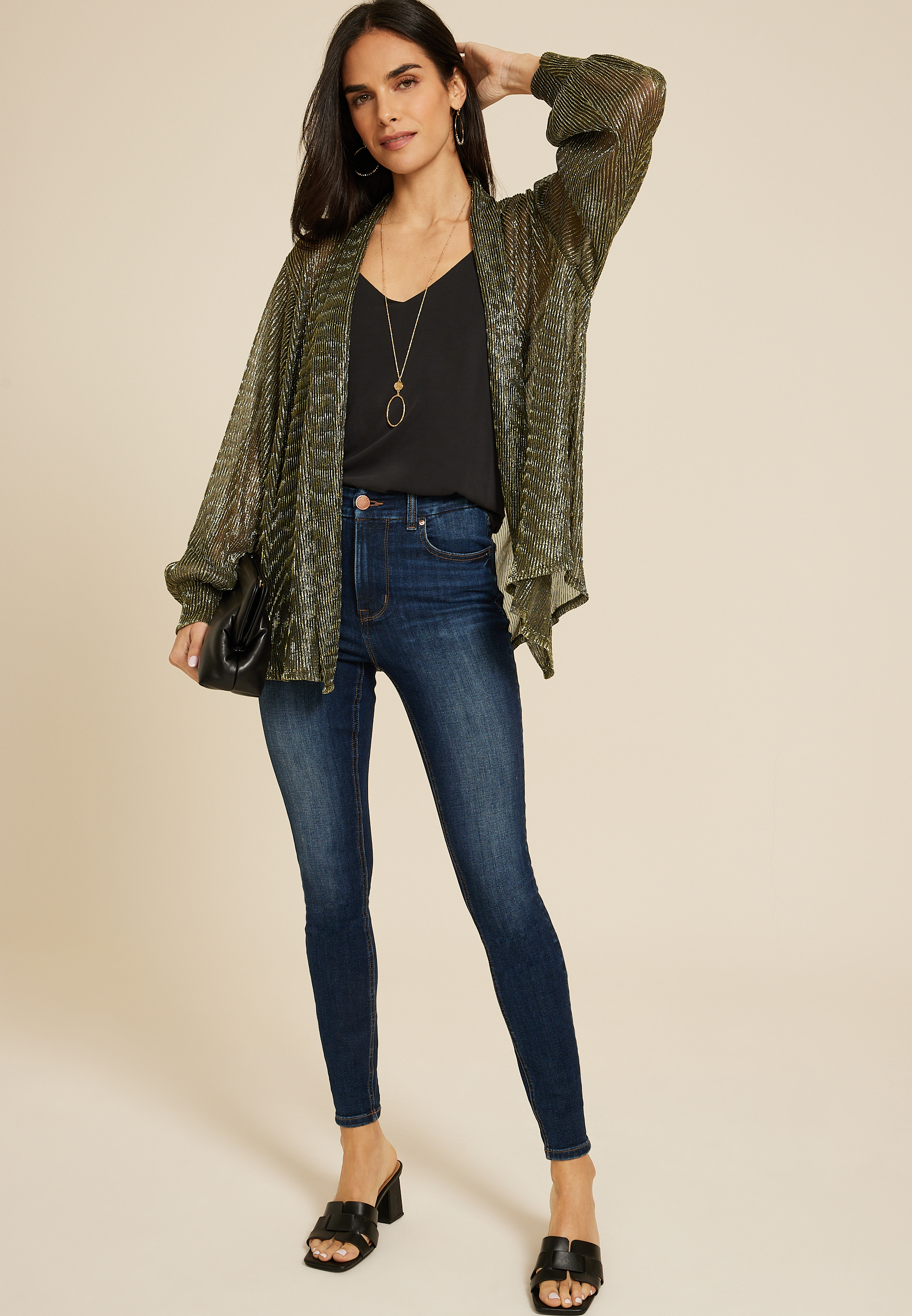 Metallic Plisse Blouson Sleeve Cardigan, C2020, large