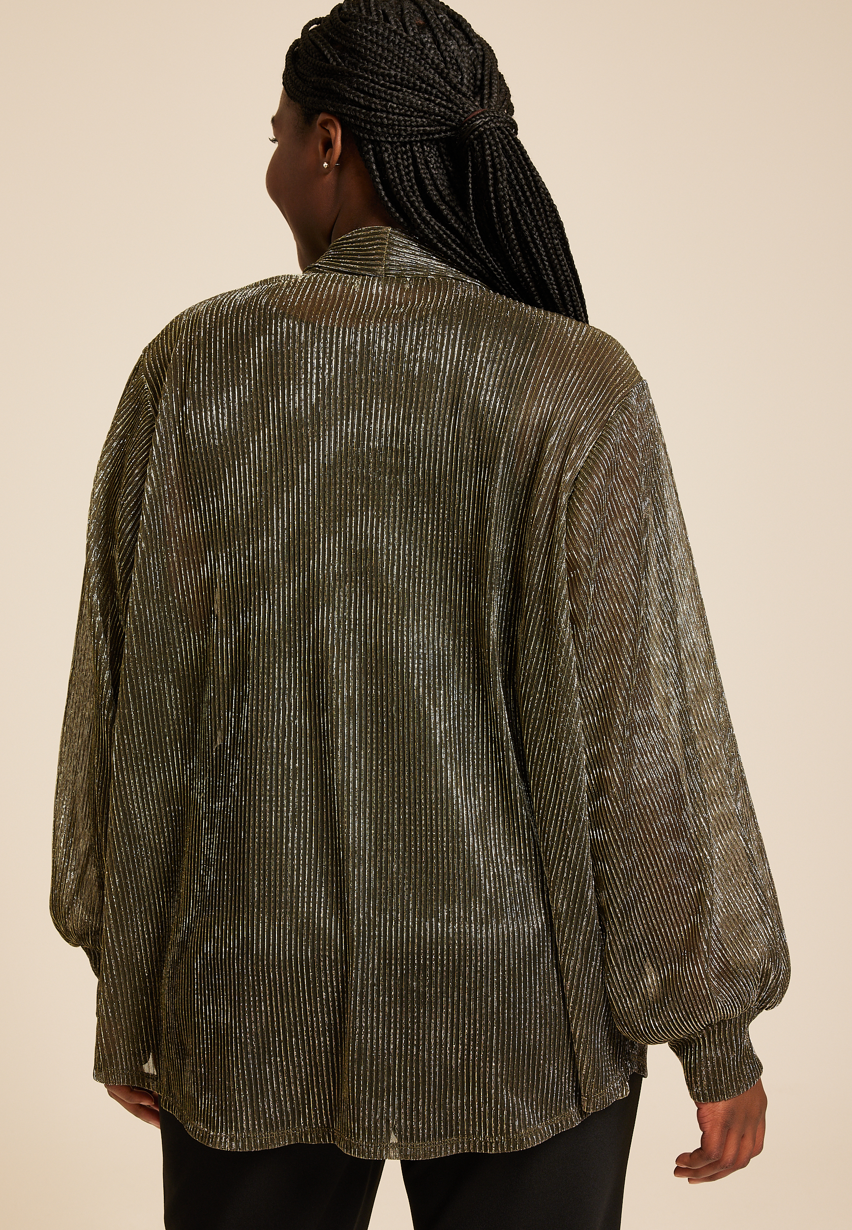 Plus Size Metallic Plisse Blouson Sleeve Cardigan, C2020, large