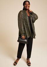 Plus Size Metallic Plisse Blouson Sleeve Cardigan, C2020, small