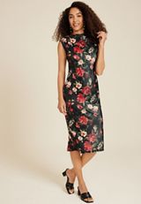 Bare Floral Velvet Mock Neck Dress, BLACK COMBO, small