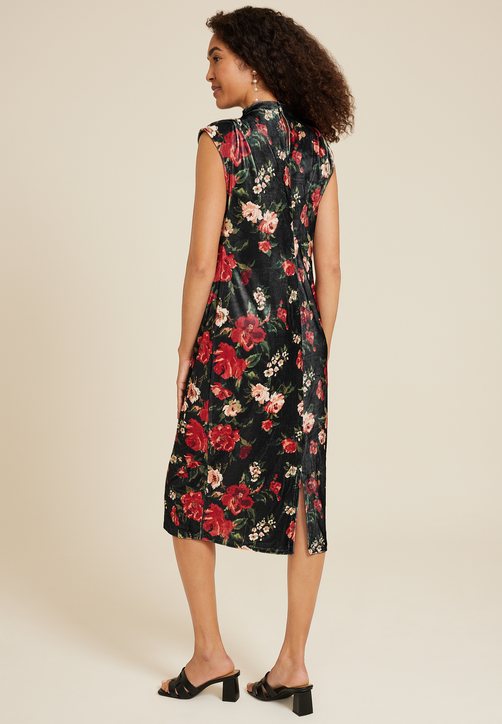 Bare Floral Velvet Mock Neck Dress, BLACK COMBO, large