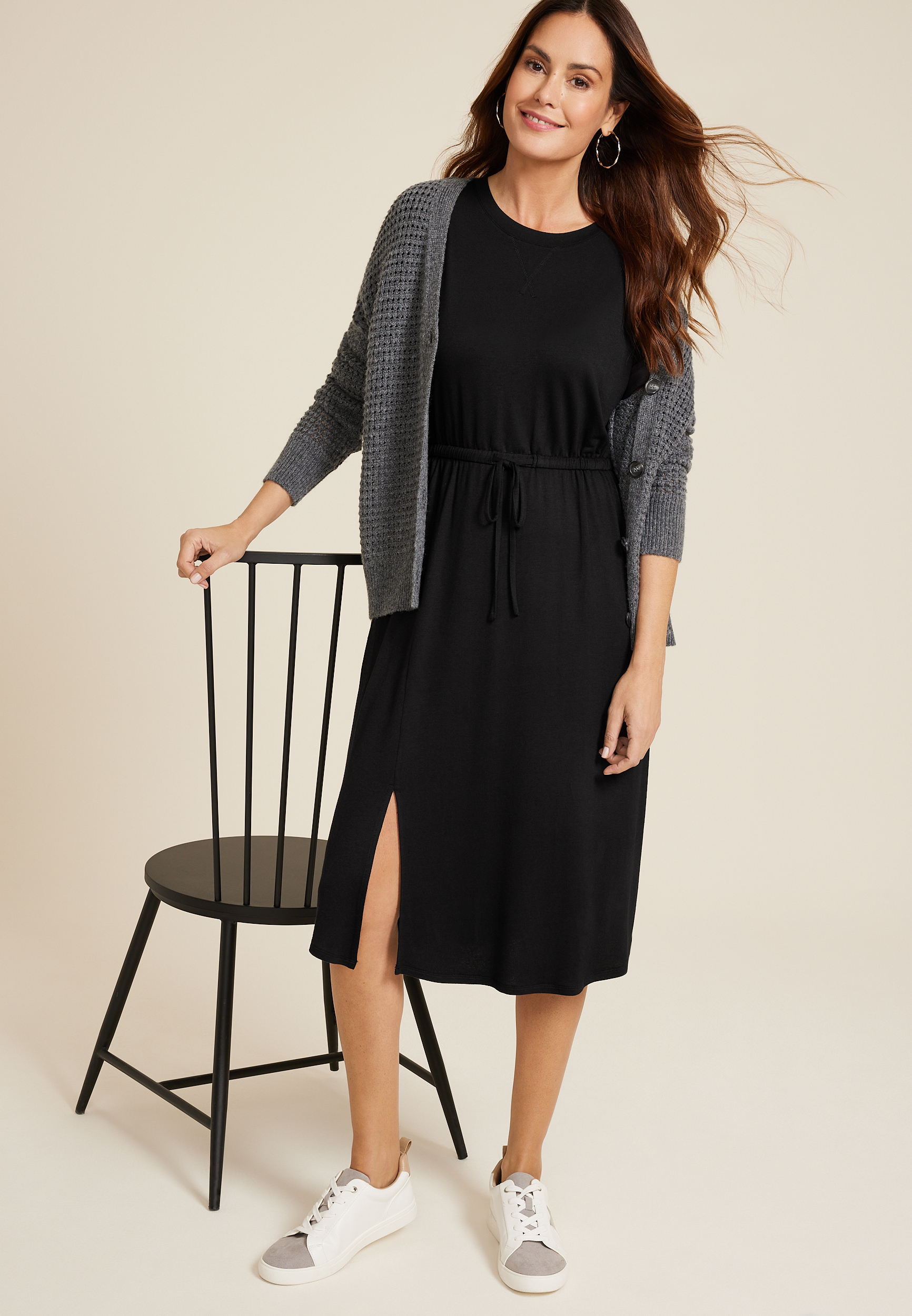 24/7 Clara Tie Waist Midi Dress, BLACK, large