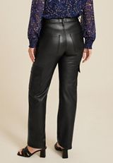Faux Leather High Rise Cargo Relaxed Straight Pant, BLACK, small