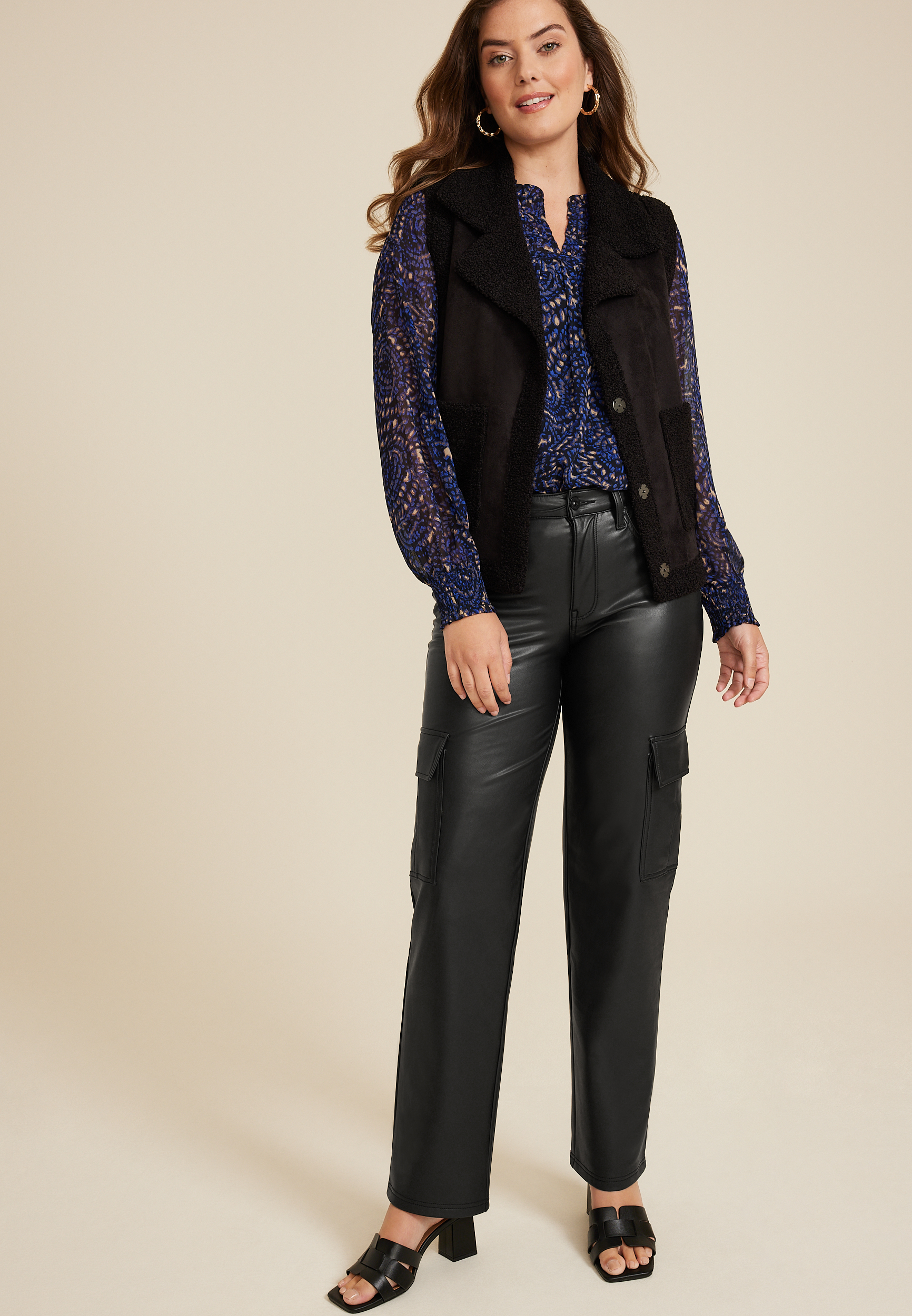 Faux Leather High Rise Cargo Relaxed Straight Pant, BLACK, large