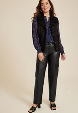 Faux Leather High Rise Cargo Relaxed Straight Pant, BLACK, small
