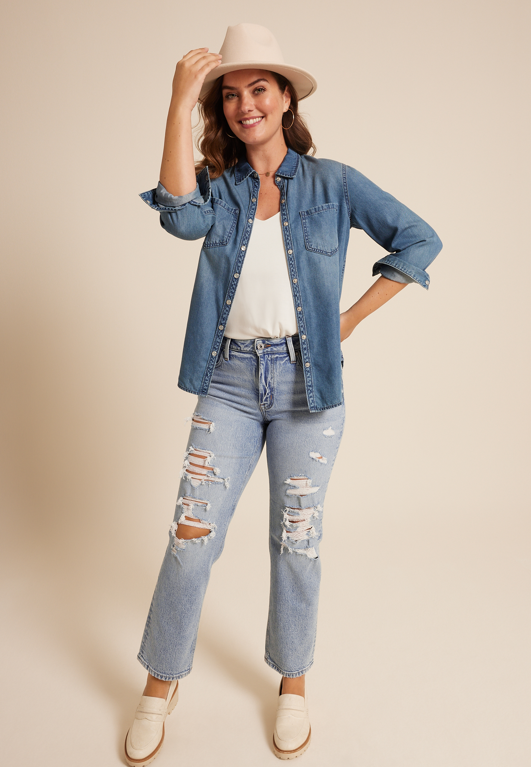 edgely&trade; High Rise Ripped Relaxed Straight Ankle Jean, , large