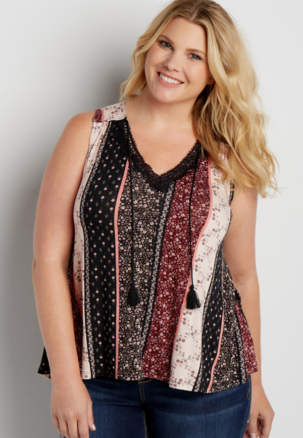 plus size swing tank with lace neckline in mixed floral prints | maurices