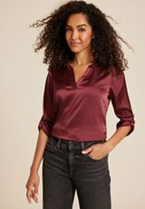 Atwood Satin 3/4 Sleeve Popover Blouse, BURGUNDY, small