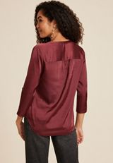 Atwood Satin 3/4 Sleeve Popover Blouse, BURGUNDY, small