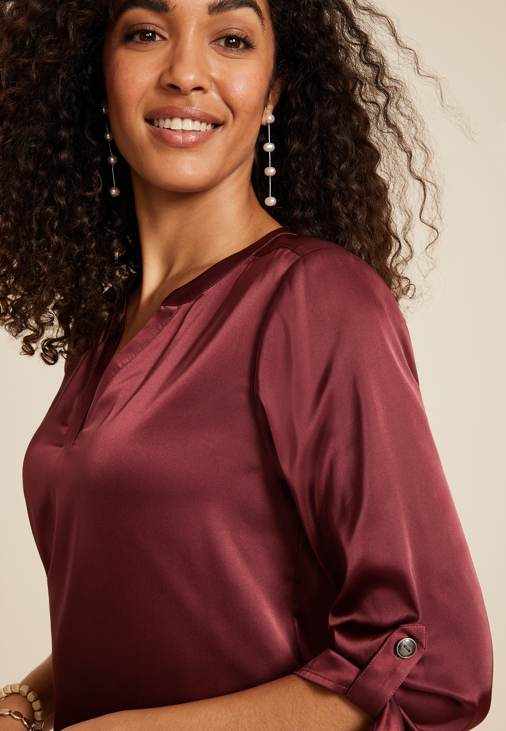 Atwood Satin 3/4 Sleeve Popover Blouse, BURGUNDY, large