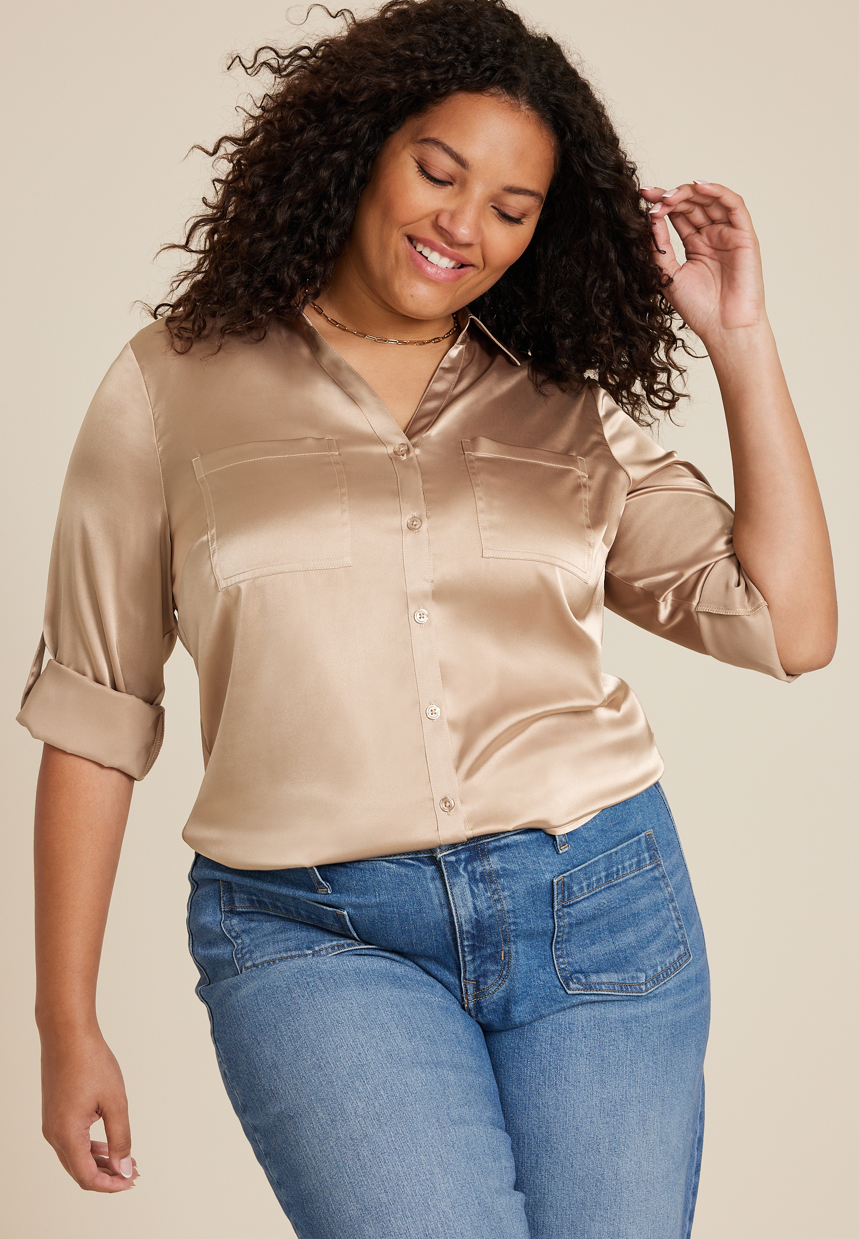 Plus Size Winona Satin Button Down Blouse