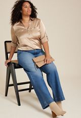 Plus Size Winona Satin Button Down Blouse, C727, small