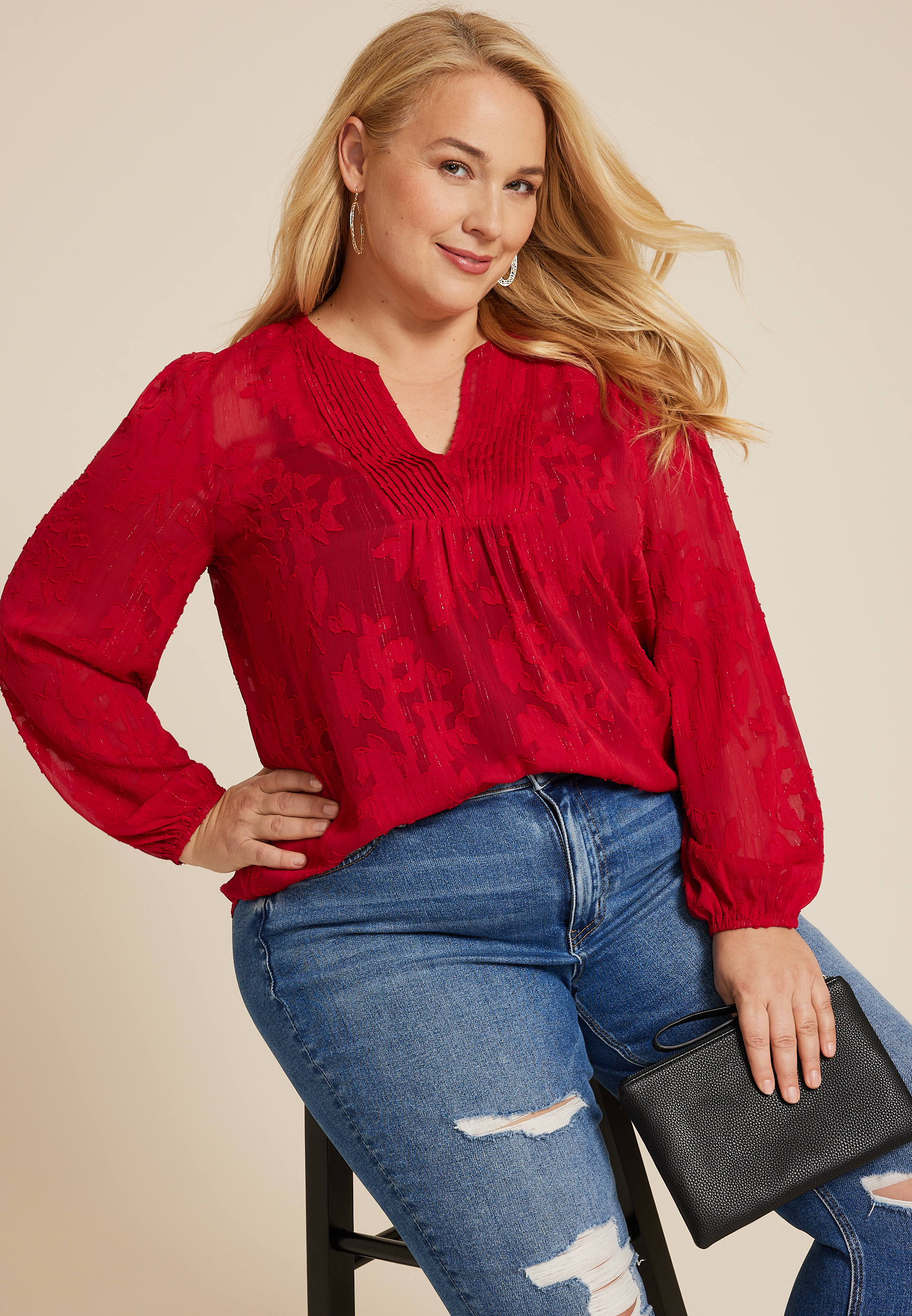 Plus Size Metallic Floral Jacquard Blouse, C4744, large