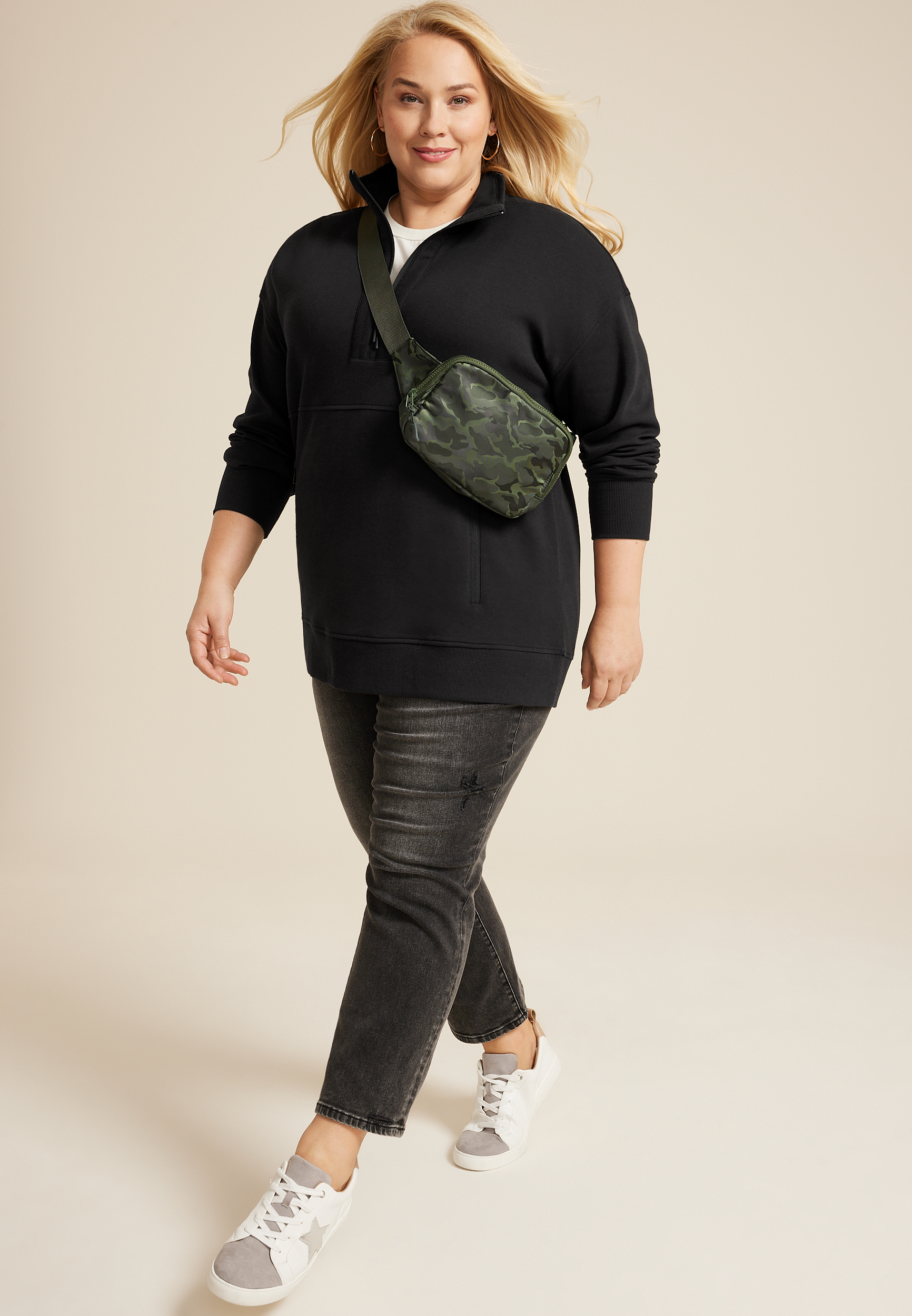Plus Size Athleisure Half Zip Pullover Sweatshirt, BLACK, large