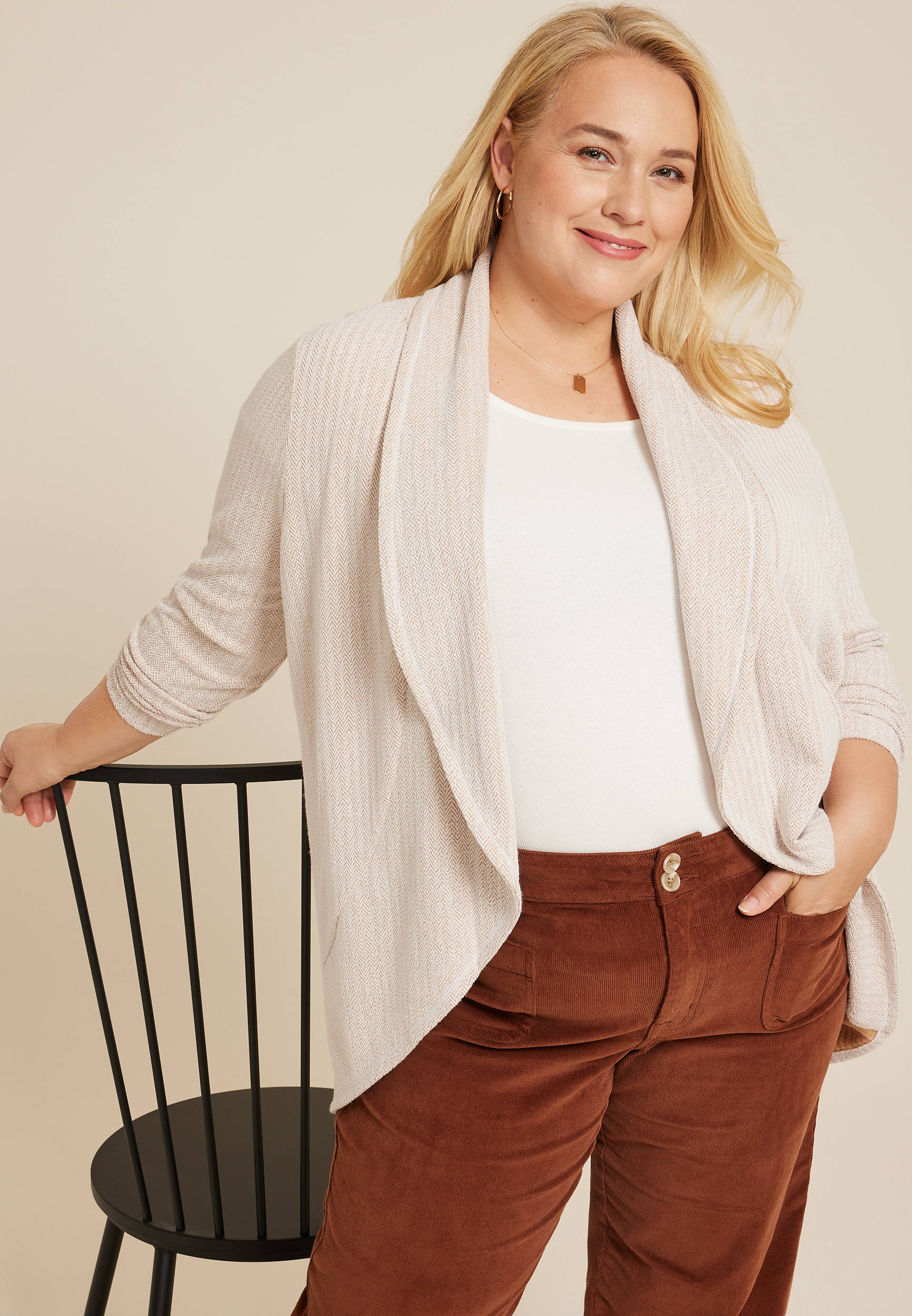 Plus Size Herringbone Shawl Collar Cardigan, C9807, large