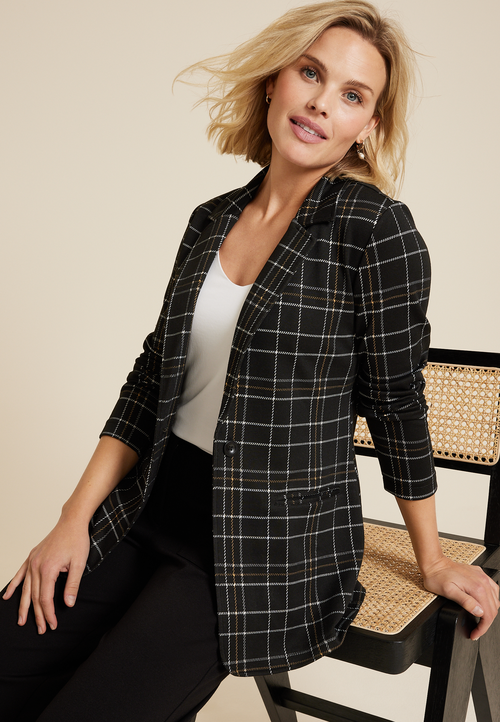 Plaid One Button Blazer, C1756, large