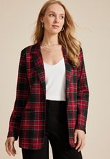 Plaid One Button Blazer, REBEL RED COMBO, small