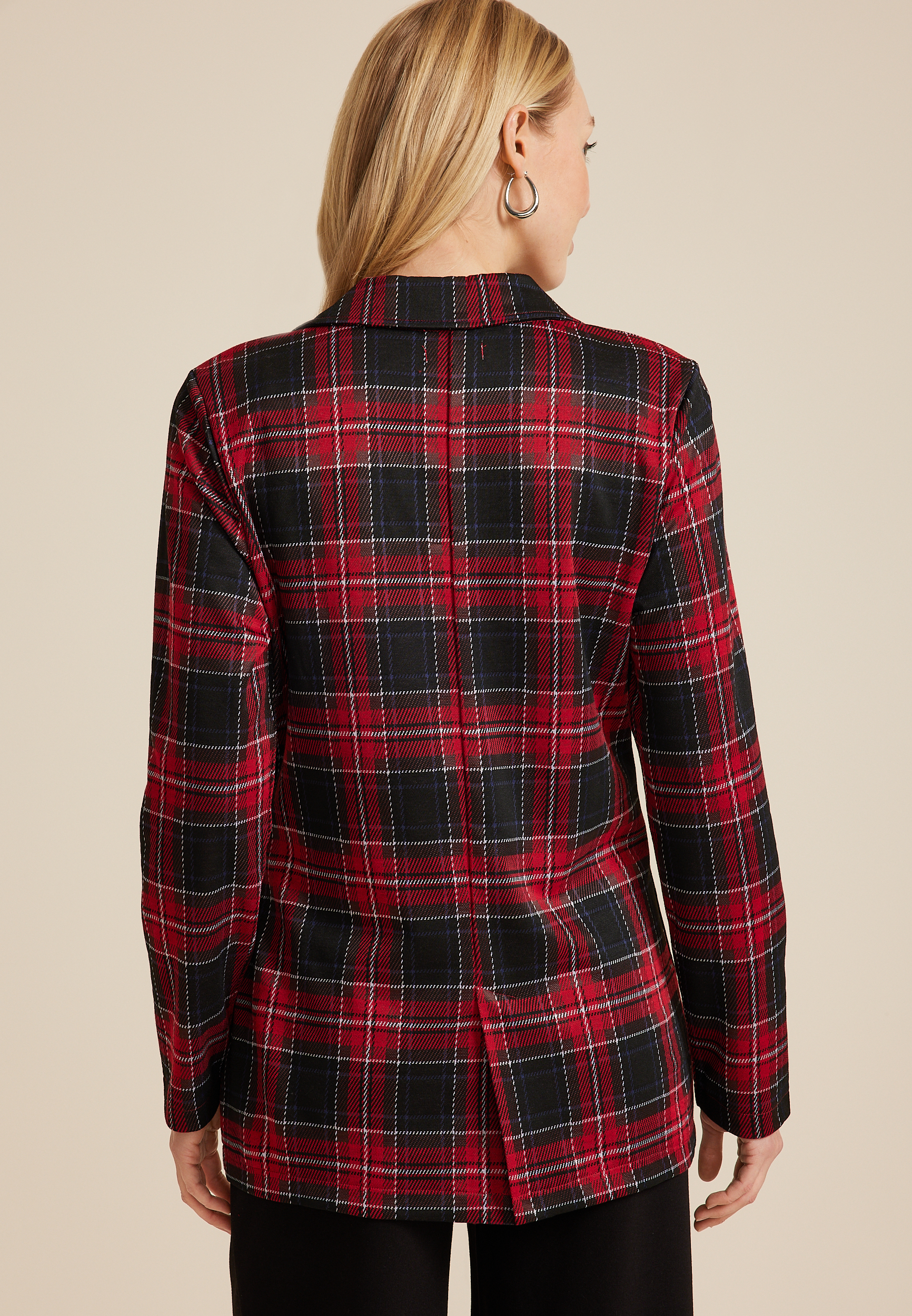 Plaid One Button Blazer, REBEL RED COMBO, large