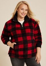 Plus Size Sherpa Buffalo Plaid Pullover Sweatshirt, C2842, small