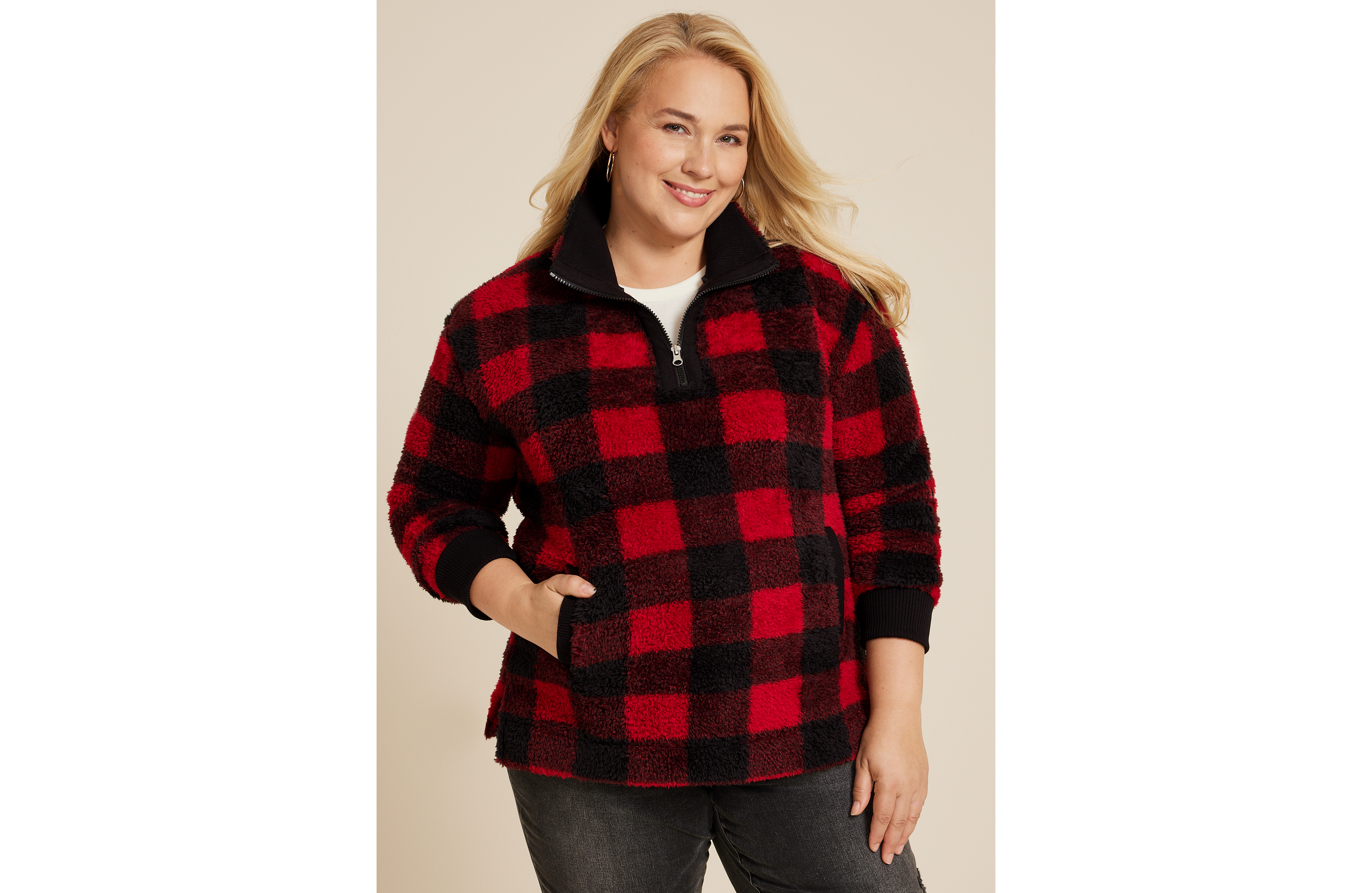 Plus Sherpa Buffalo Plaid Pullover Sweatshirt