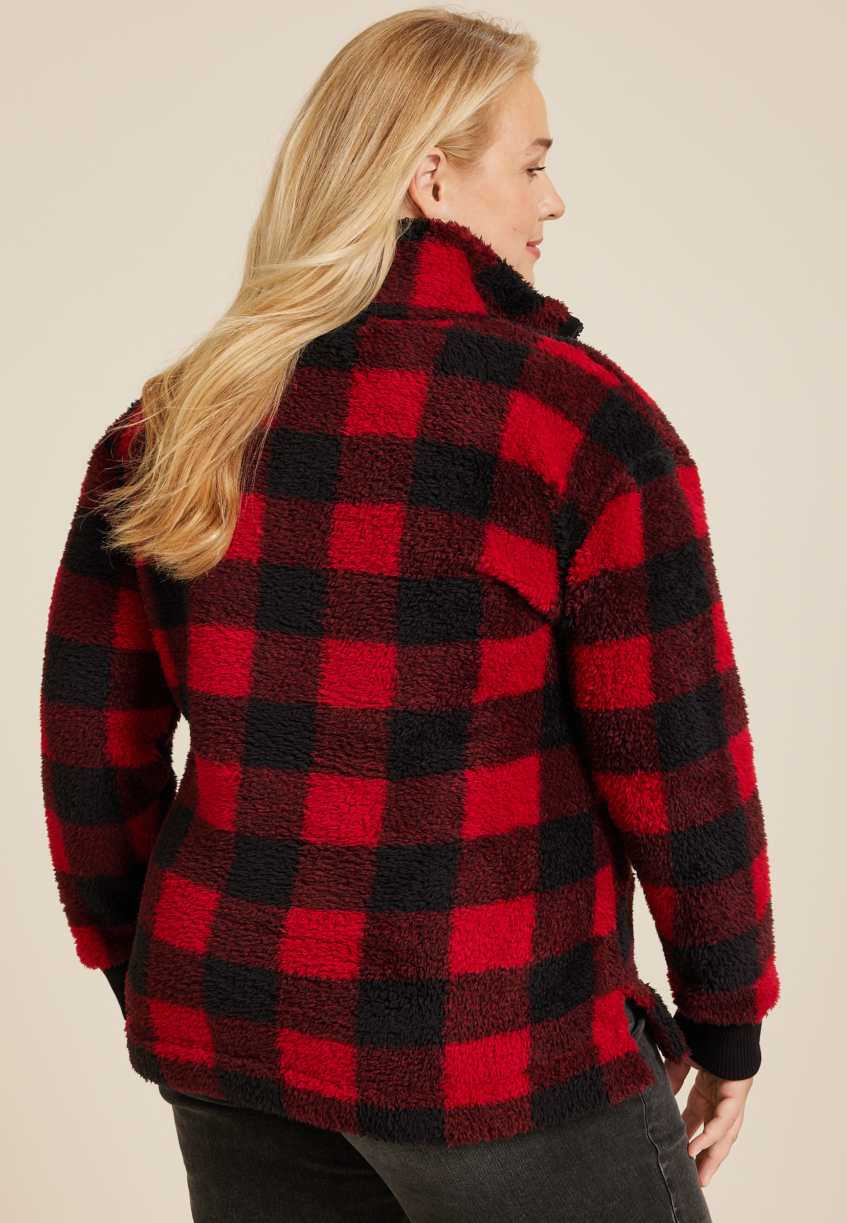 Plus Size Sherpa Buffalo Plaid Pullover Sweatshirt, C2842, large