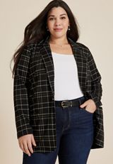 Plus Size Plaid One Button Blazer, C1756, small
