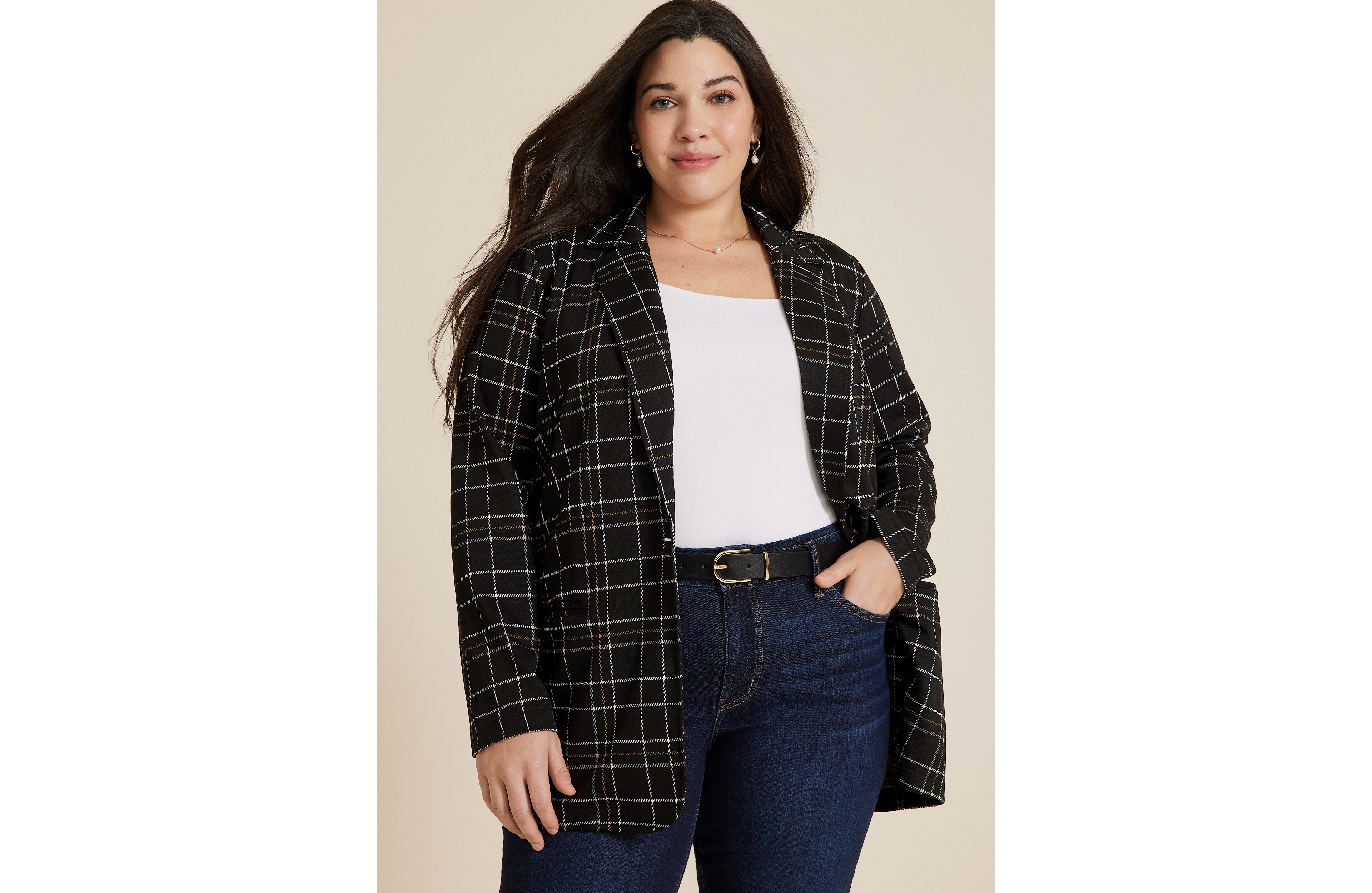 Plus Plaid One Button Blazer