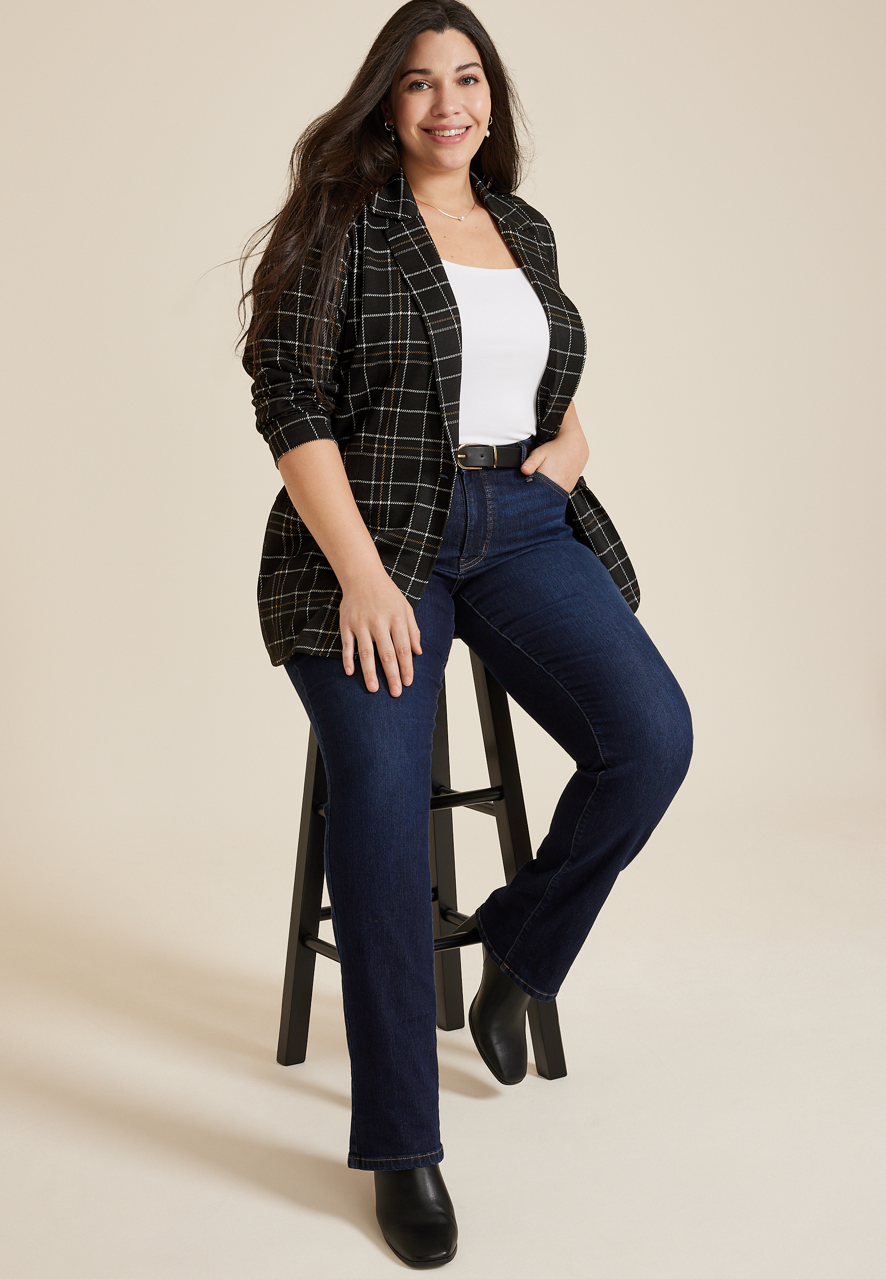 Plus Size Plaid One Button Blazer, C1756, large