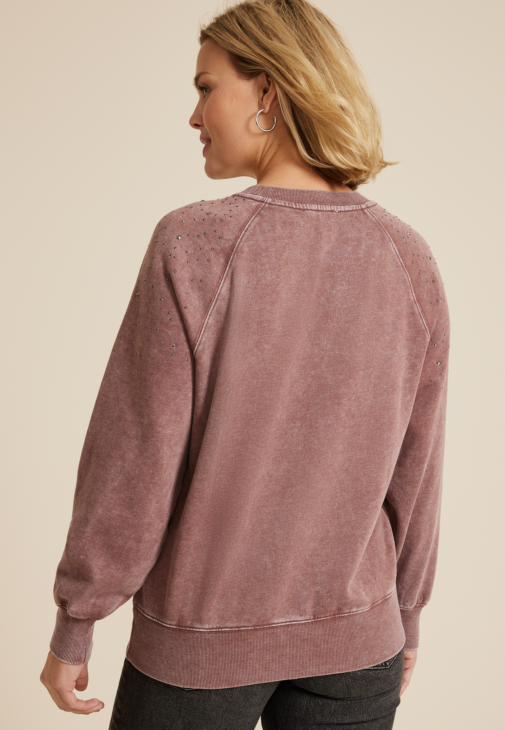 edgely&trade; Rhinestone Embellished Shoulder Relaxed Fit Sweatshirt, C4291, large