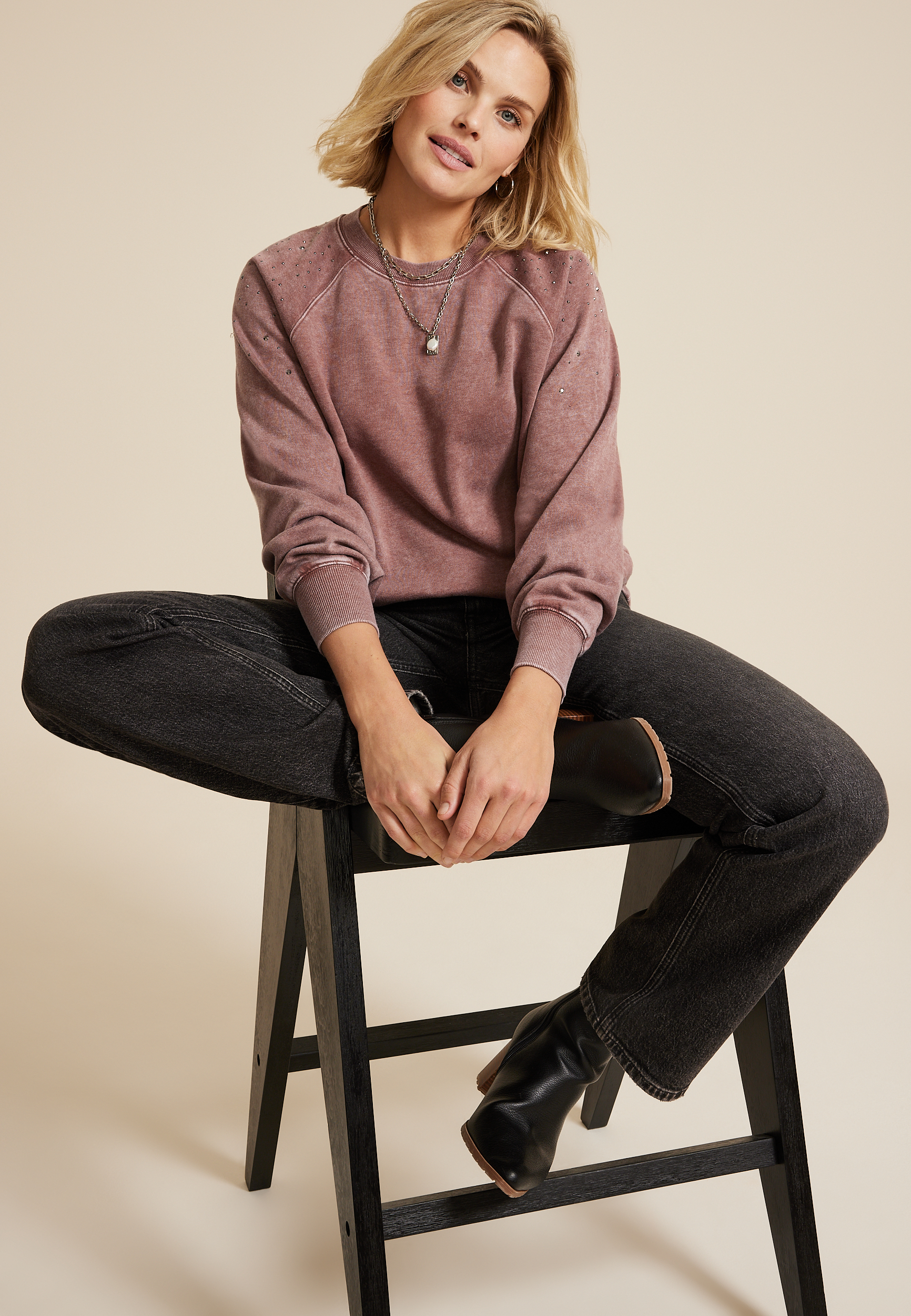 edgely&trade; Rhinestone Embellished Shoulder Relaxed Fit Sweatshirt, C4291, large